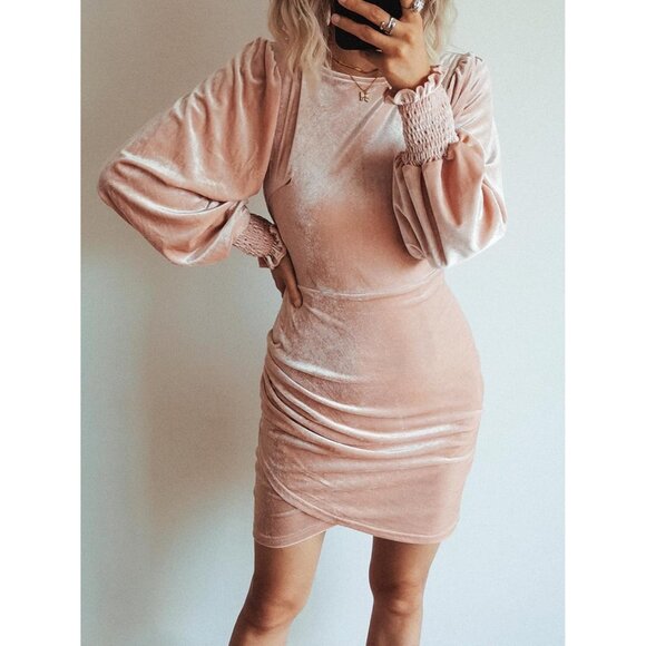 Velvet Bodycon Mini Dress Long Sleeve Ruched Cocktail Party Formal - Picture 5 of 6